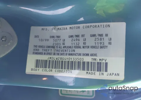 2000 Mazda Mpv Dx/Es/Lx from USA, damaged, VIN JM3LW28G4Y0133503